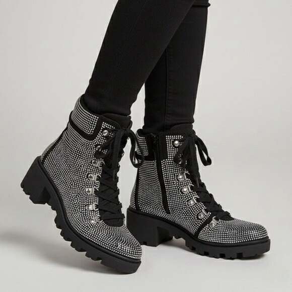 Shoe Dazzle Shoes - ShoeDazzle Rhinestone Combat Boots Women 8.5 Black Chunky Heel Party Ready